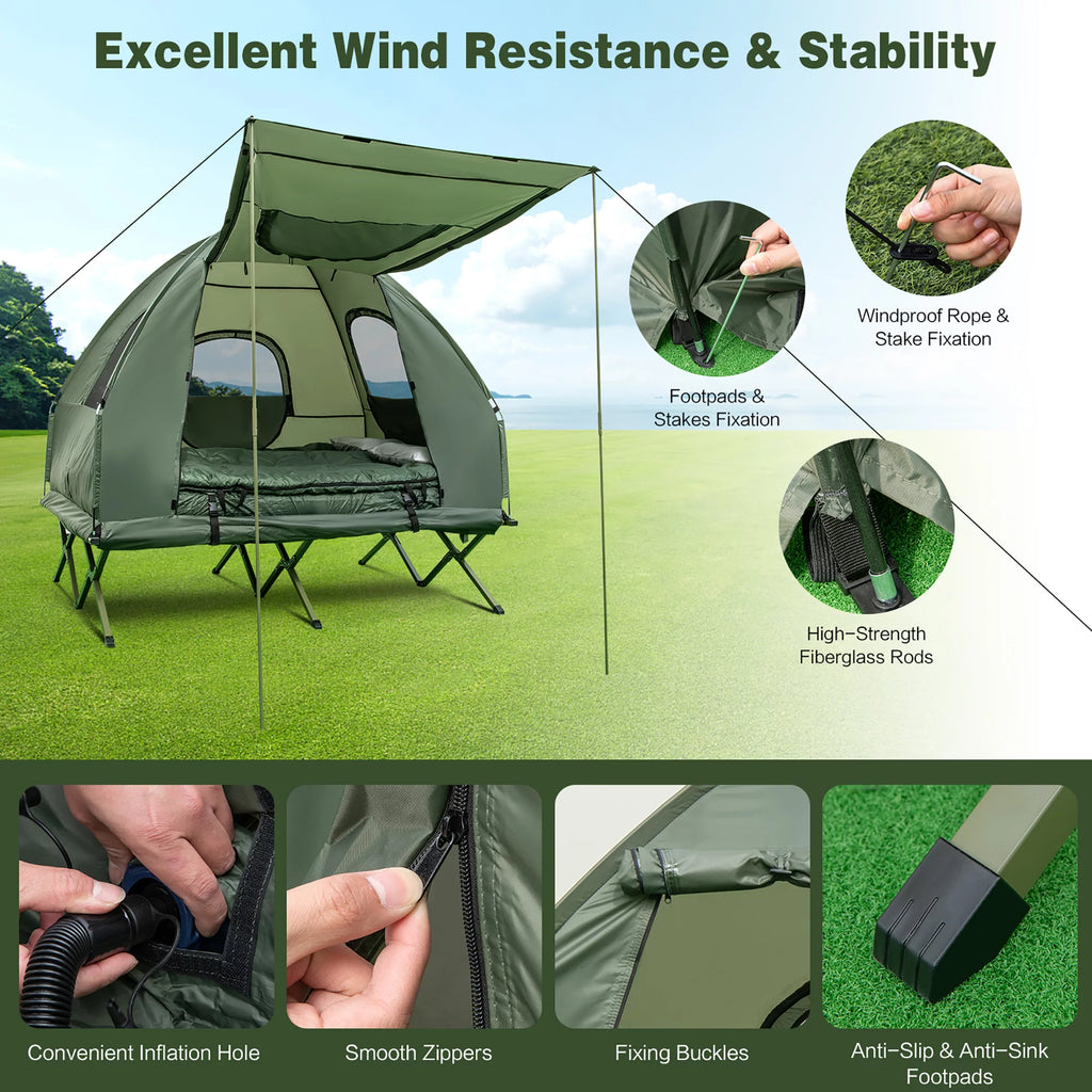 2-Person Pop-Up Tent Camping Cot with Air Mattress and Sleeping Bag H383