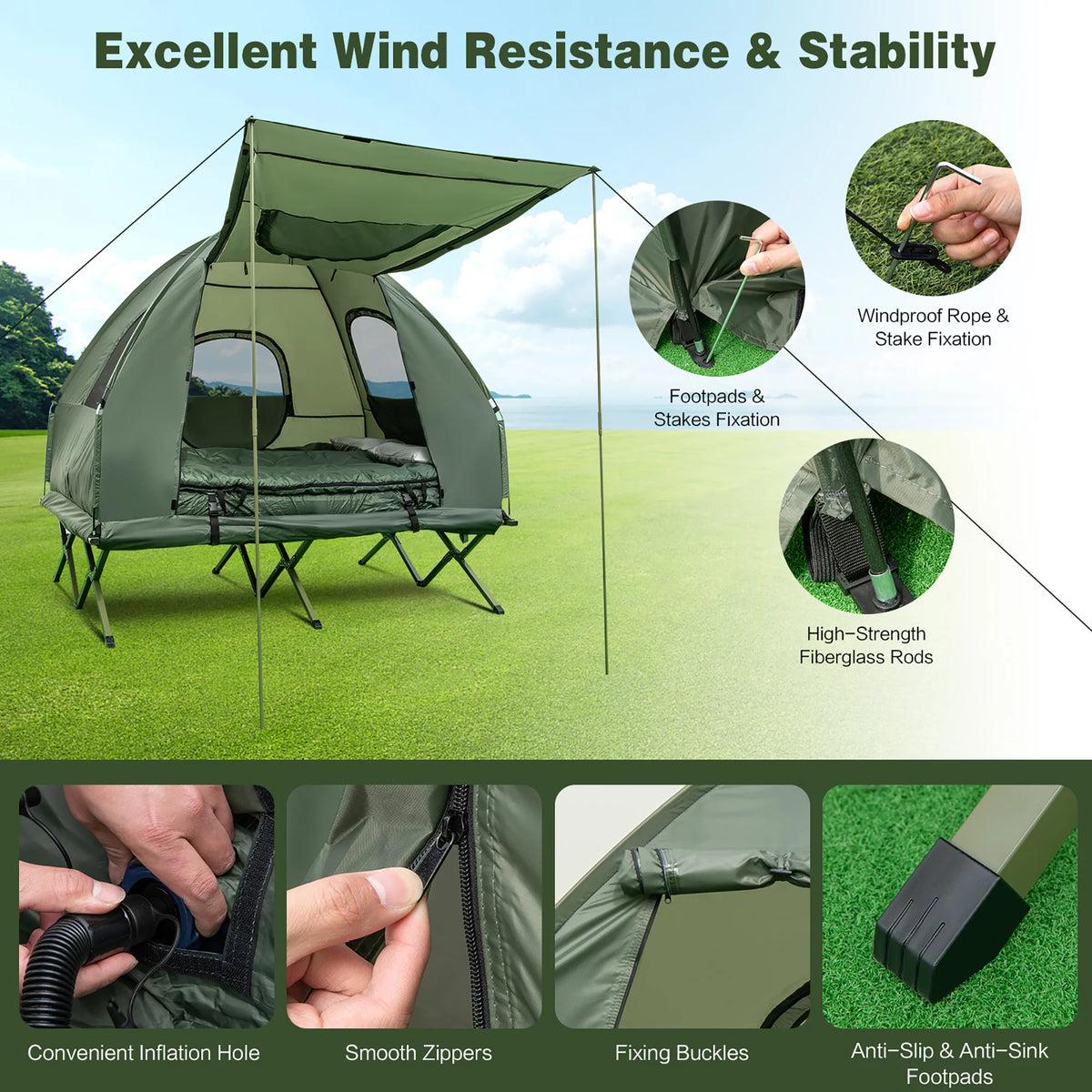 2-Person Pop-Up Tent Camping Cot with Air Mattress and Sleeping Bag H383