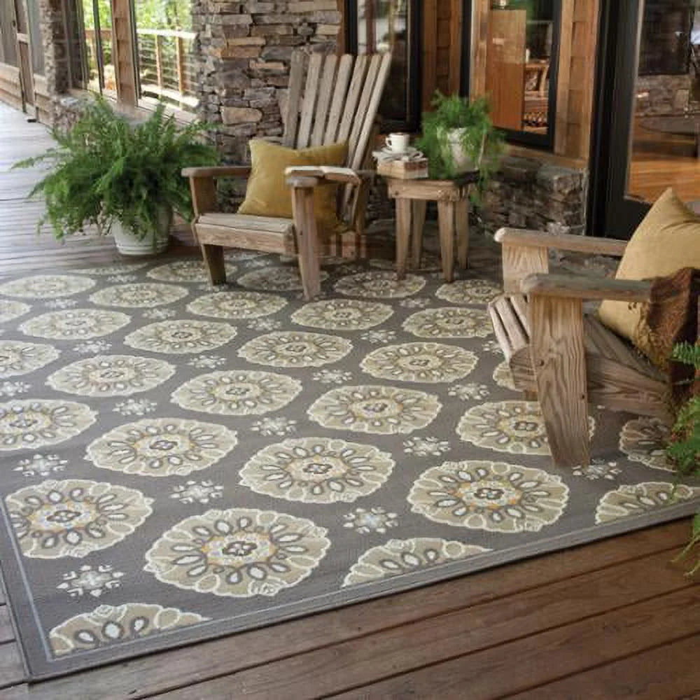 Grey Gold Floral Indoor Outdoor Area Rug 6'7" x 9'6" B223