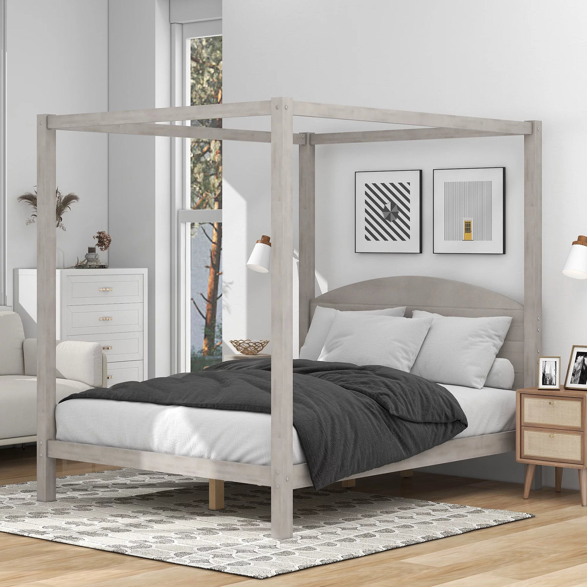 Queen Size Canopy Platform Bed with Headboard U64502