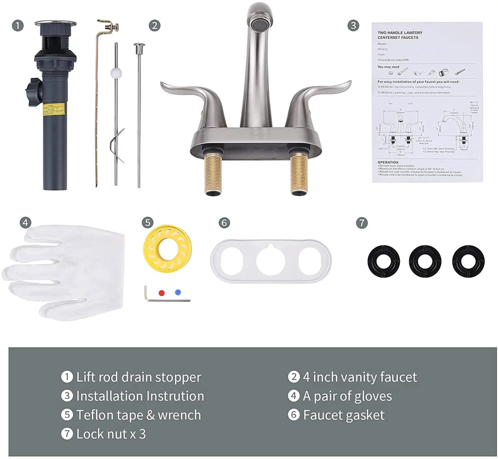 2 Handle 4 Inch Centerset Bathroom Sink Faucet with Lift Rod Drain Stopper T8968