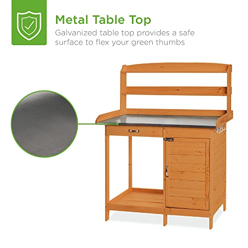 Wooden Potting Bench with Metal Table Top and Cabinet Y805913