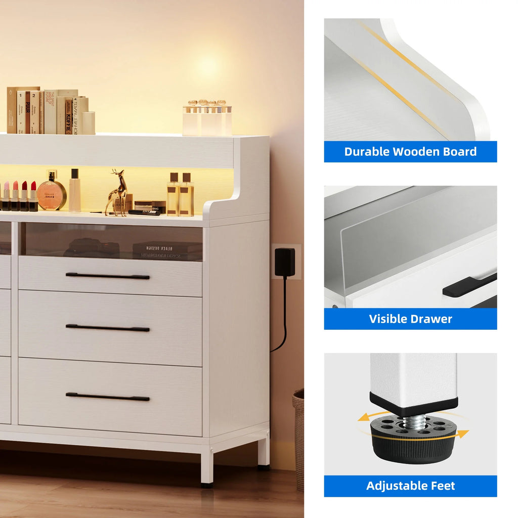Black 6 Drawer Dresser with LED Light and Open Storage Q8759