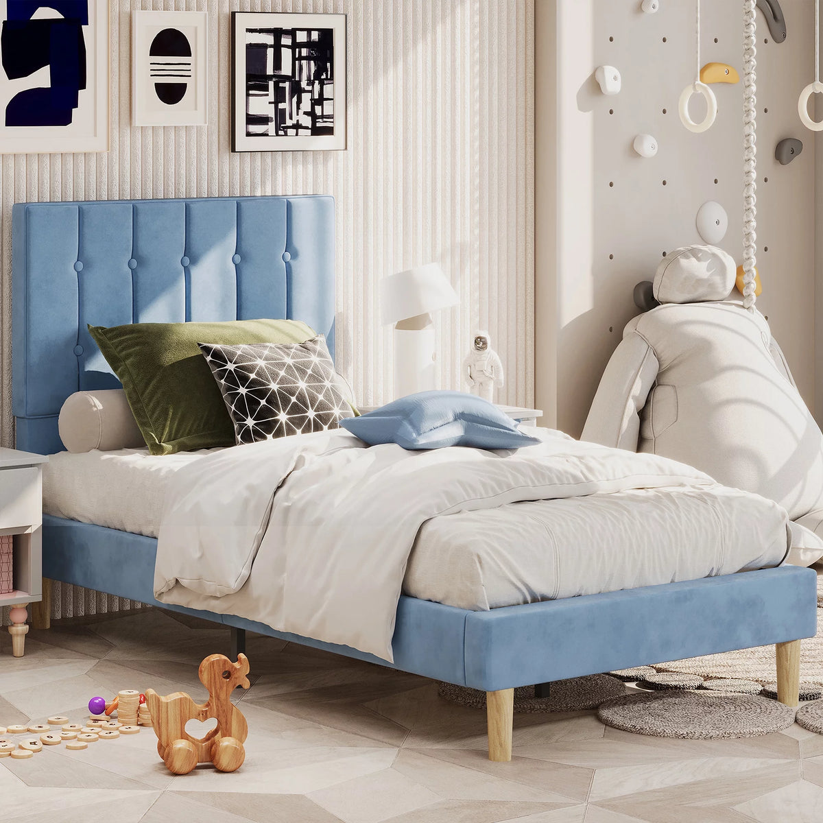 Twin Bed Frame with Upholstered Headboard, Grey T291741