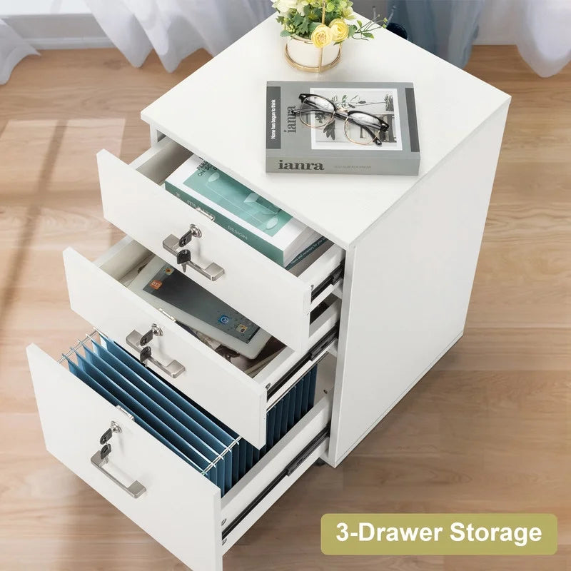 White 3 Drawer File Cabinet with Lock M7034