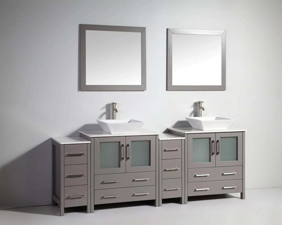 84 in. Grey Double Sink Vanity Cabinet with Ceramic Vessel Sink & Mirror C404043