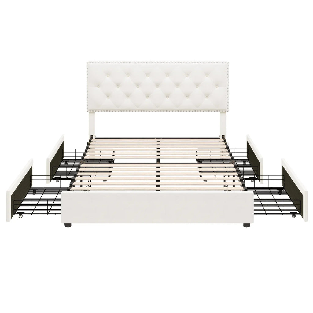 Queen Size Off-White Upholstered Storage Bed with 4 Drawers I78619