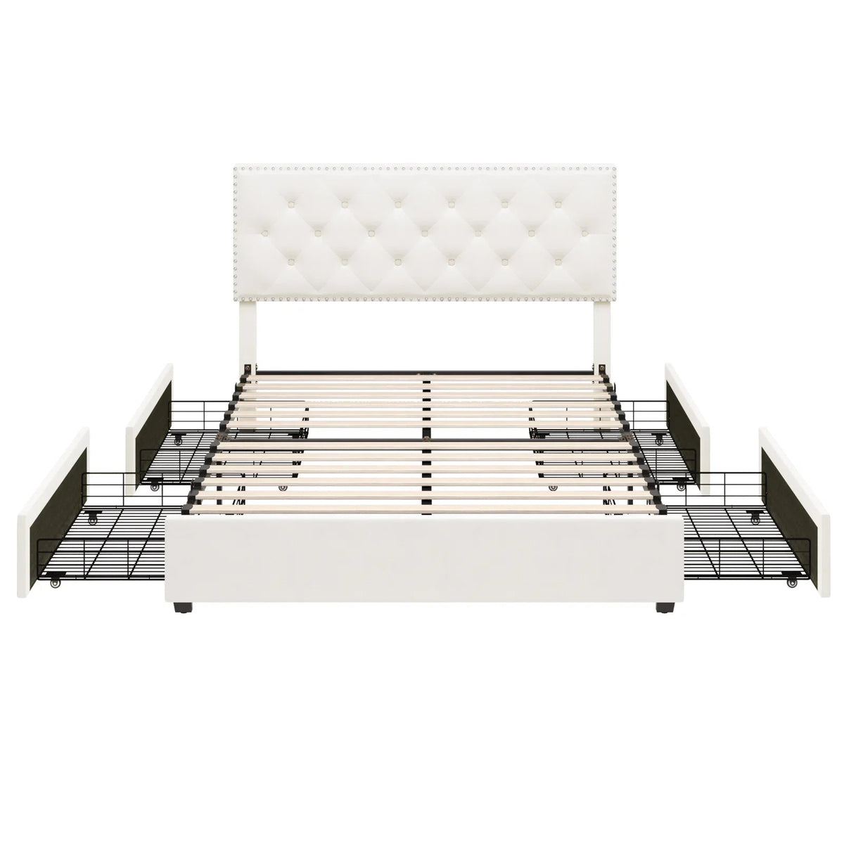 Queen Size Off-White Upholstered Storage Bed with 4 Drawers I78619