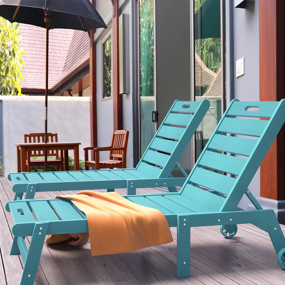 Blue 2 Pieces Patio Chaise Lounge Chairs with Wheels U559628