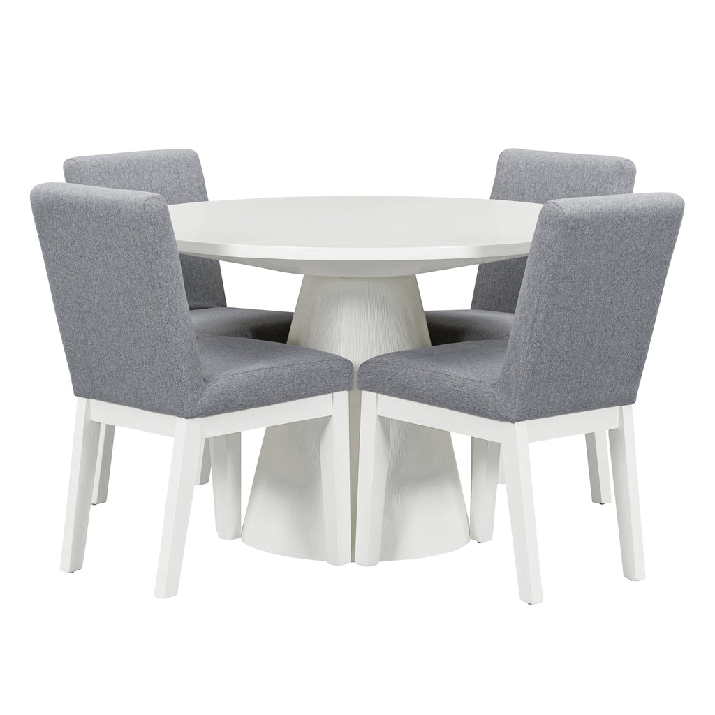 White 5 Piece Round Wood Dining Table Set with 4 Upholstered Chairs F754808