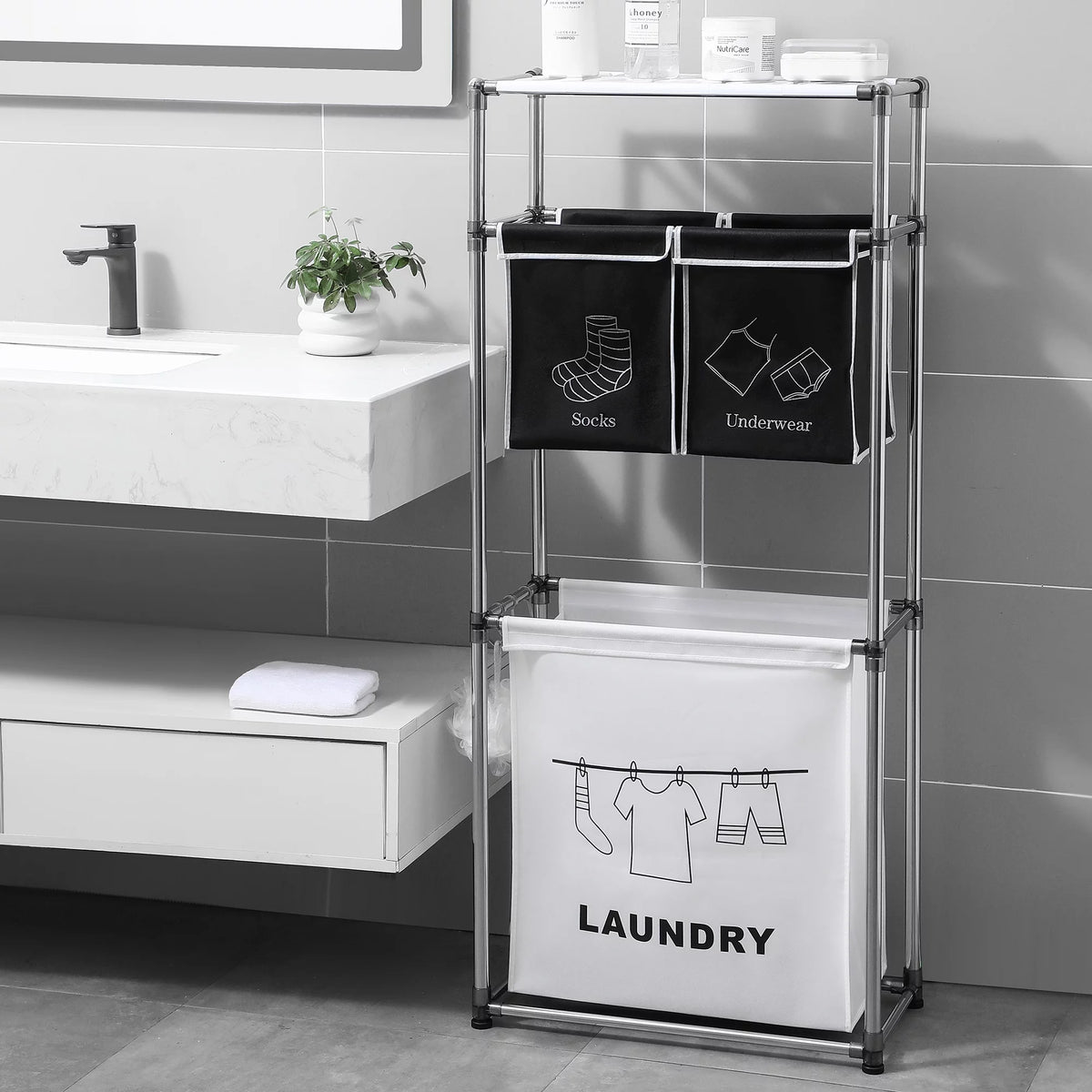3-Tier Laundry Sorter Hamper with 4 Removable Bags O856738