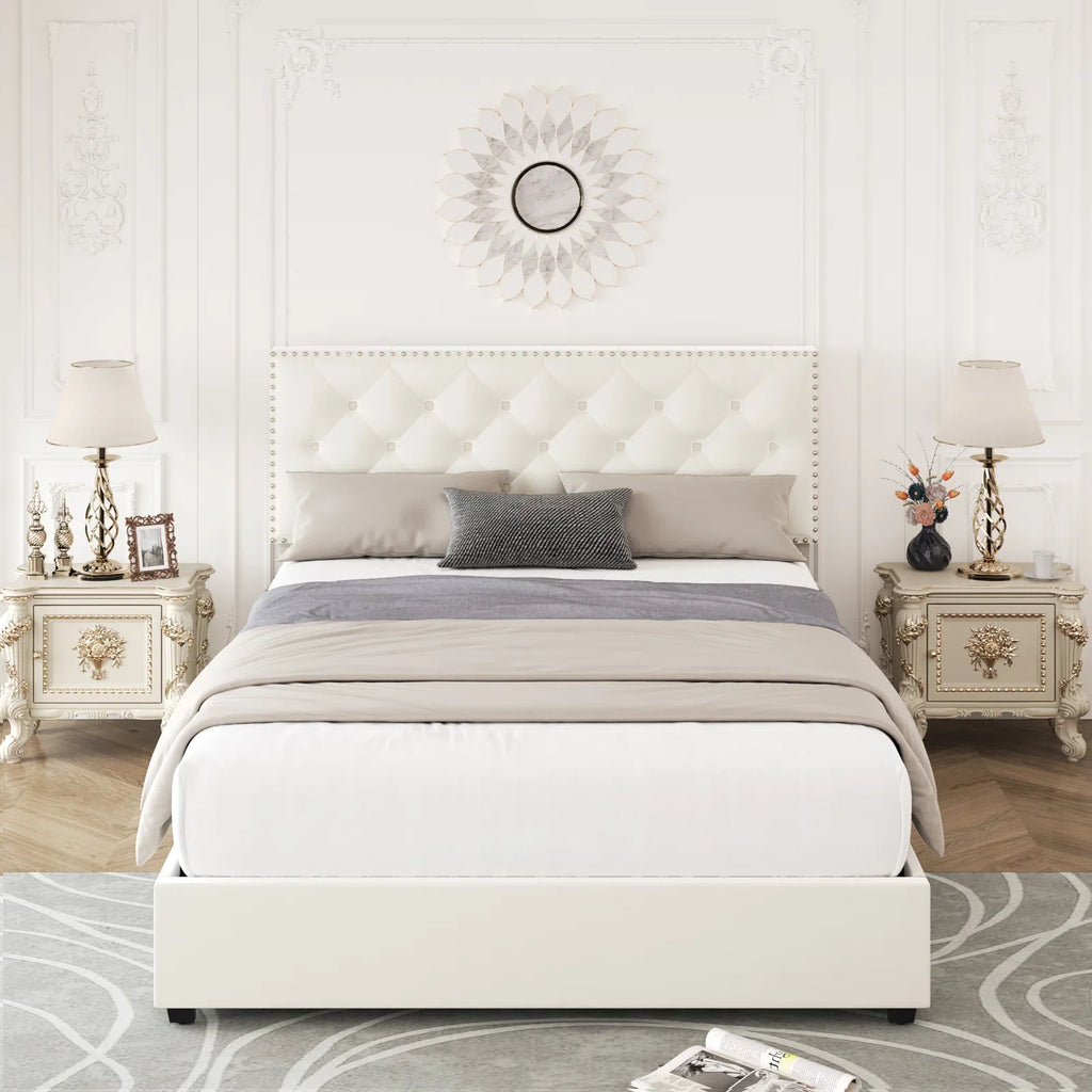 Queen Size Off-White Upholstered Storage Bed with 4 Drawers I78619