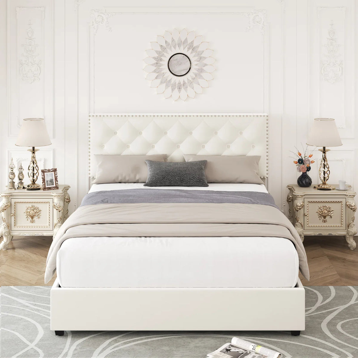 Queen Size Off-White Upholstered Storage Bed with 4 Drawers I78619