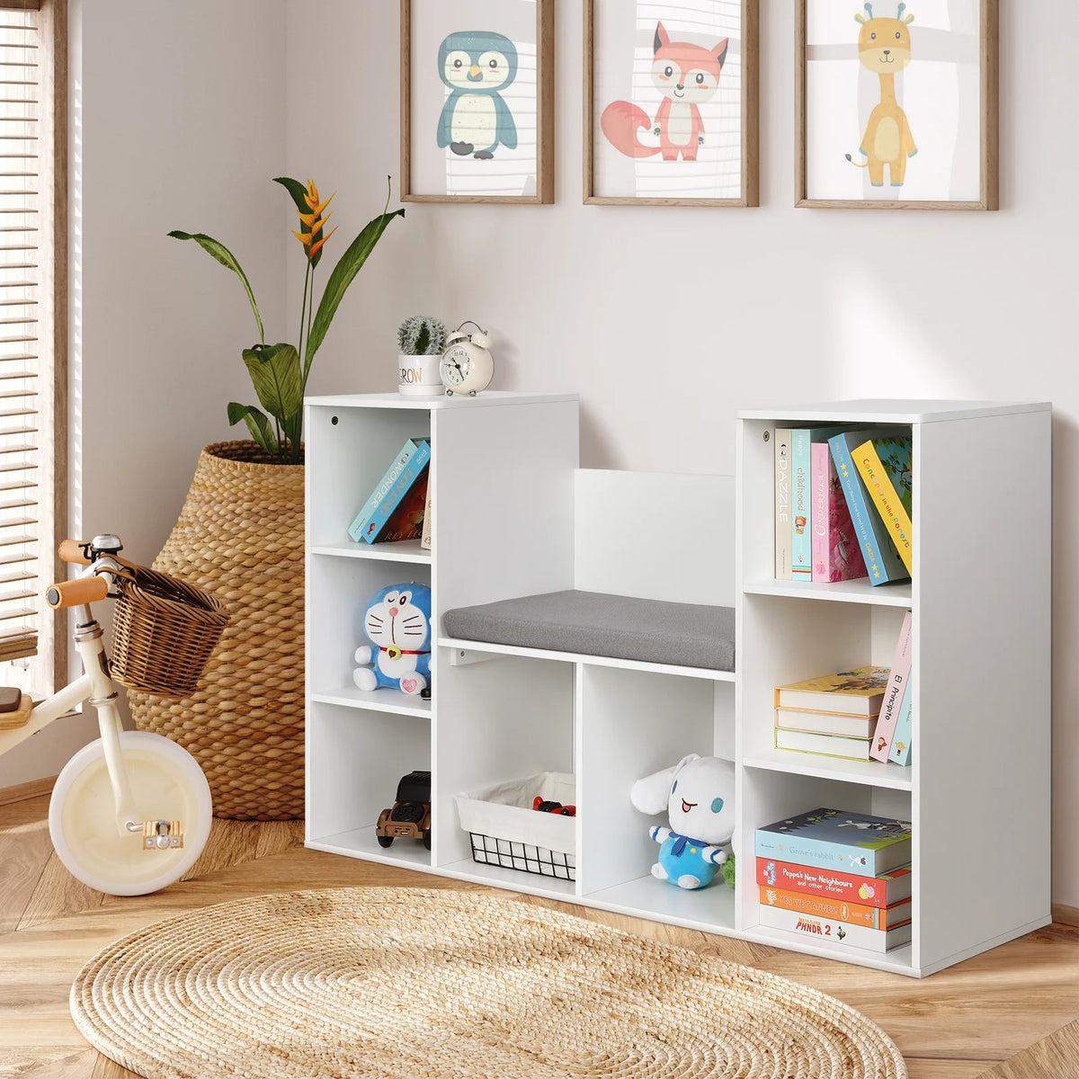 White 8-Cubby Kids Bookshelf with Reading Nook D4011