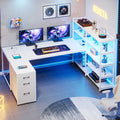 L Shaped Computer Desk with Power Outlet and Storage Shelves Y678