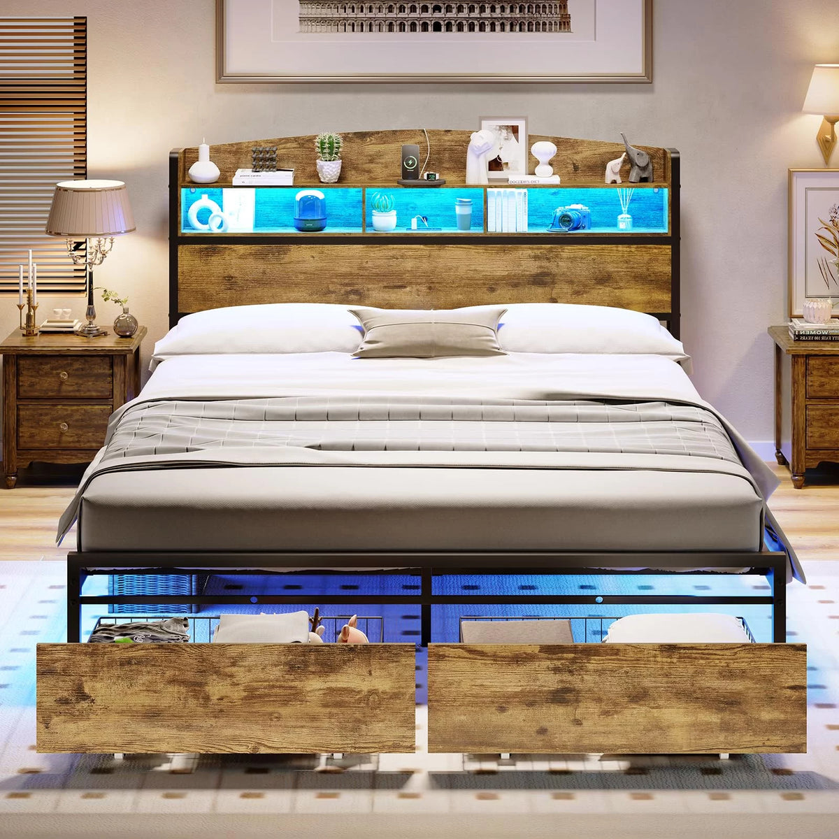 Queen Size Platform Bed with Storage Drawers and LED Headboard A58696