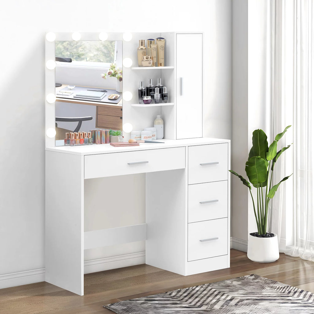 White Makeup Vanity with Lighted Mirror and 4 Drawers U457