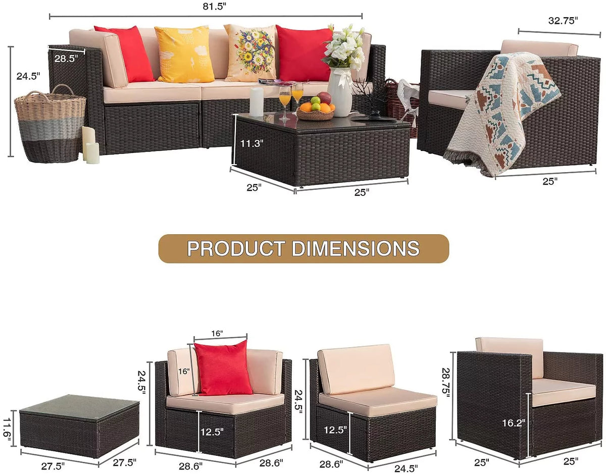 5 Pieces Patio Conversation Set Rattan Sectional Sofa with Glass Table T333463