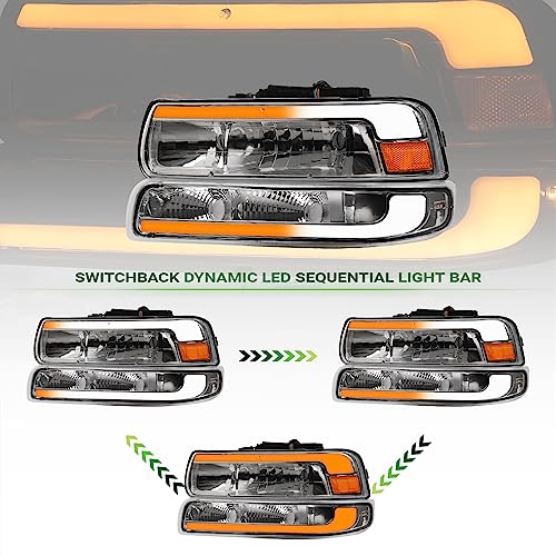 Compatible With Chevy Silverado Suburban Tahoe LED Strip Bar Black Housing Headlights With Signal Bumper Lamps Amber Reflector 4-Pieces K6117