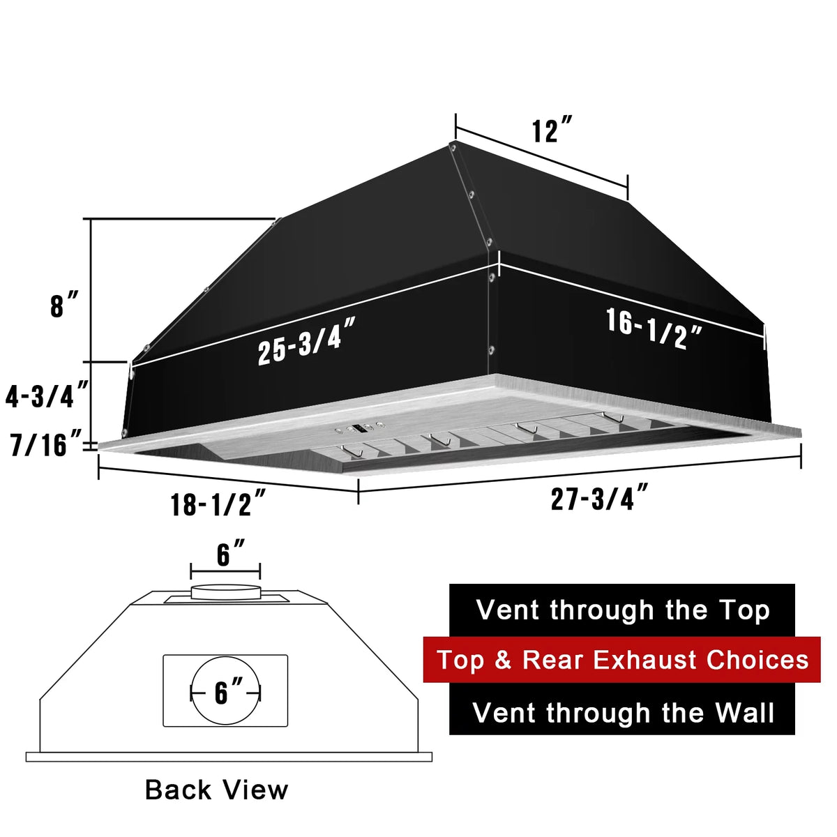 30 Inch Stainless Steel Ducted Range Hood Insert, 600 CFM V283