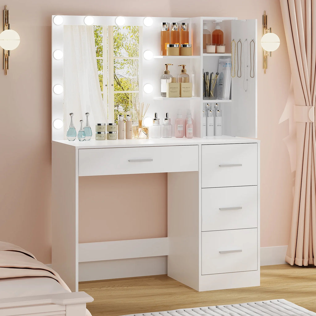 White Makeup Vanity with Lighted Mirror and 4 Drawers U457