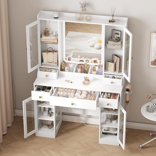 White Vanity Desk with Lighted Mirror and 5 Drawers Z87291