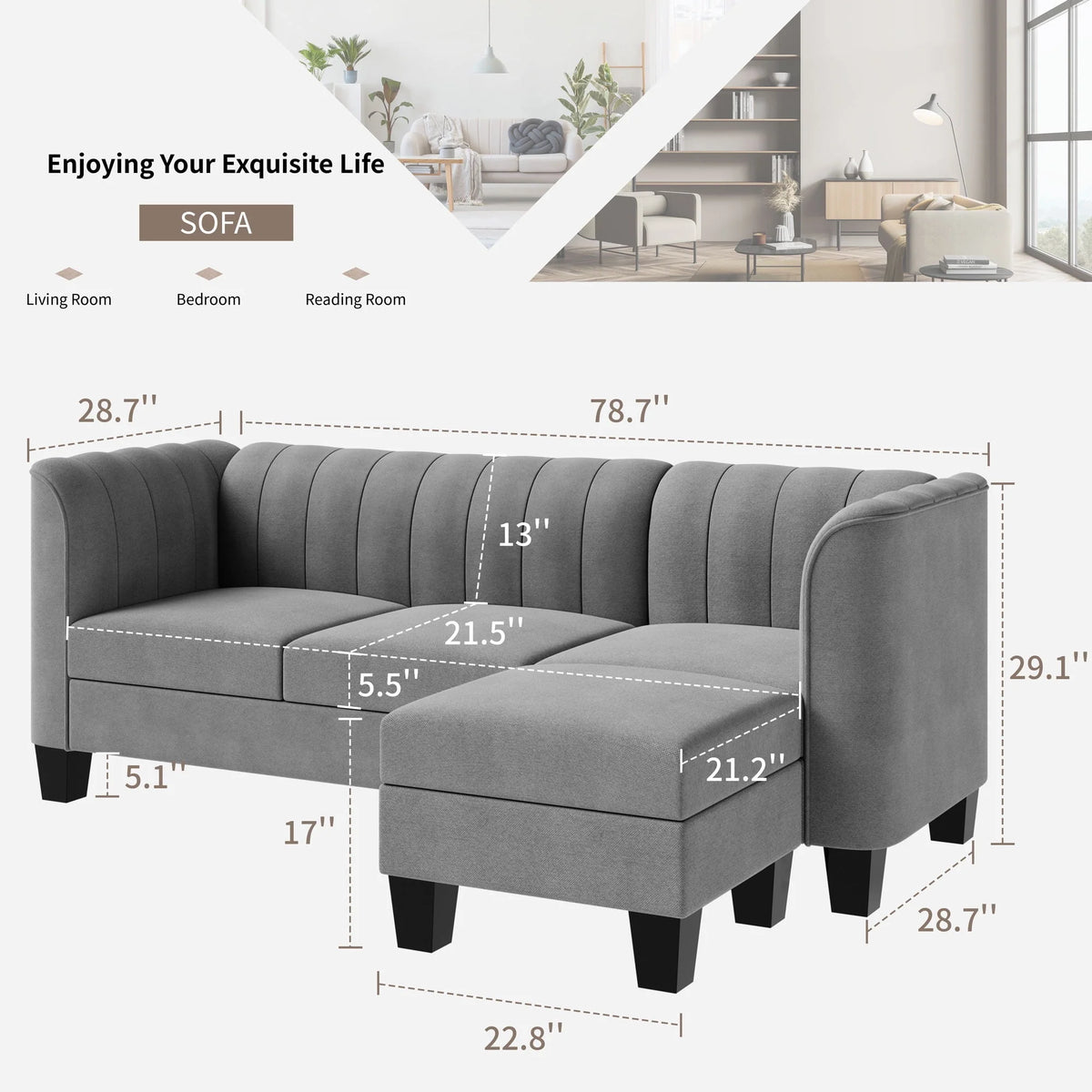 Black L Shaped Linen Fabric Sectional Sofa N842