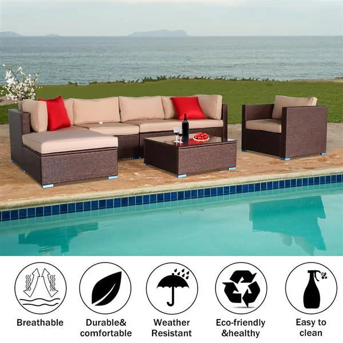 7 Pieces PE Wicker Rattan Corner Sofa Set A917950