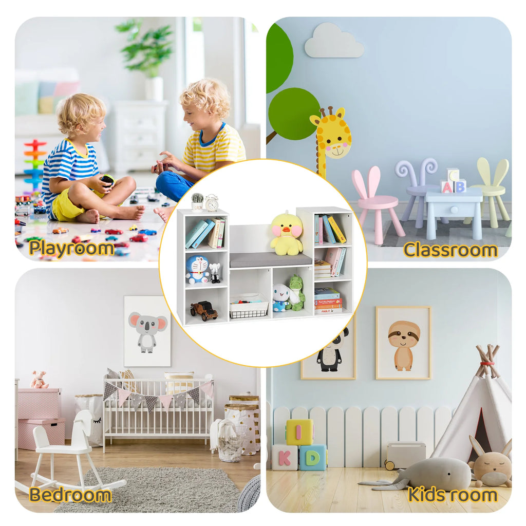 White 8-Cubby Kids Bookshelf with Reading Nook D4011