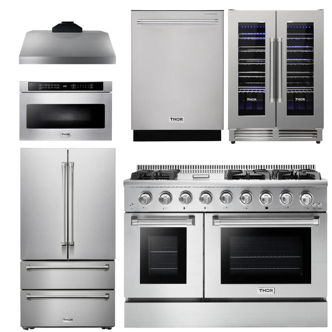 48 In. Gas Range, Range Hood, Refrigerator, Dishwasher, Microwave Drawer, Wine Cooler N389821