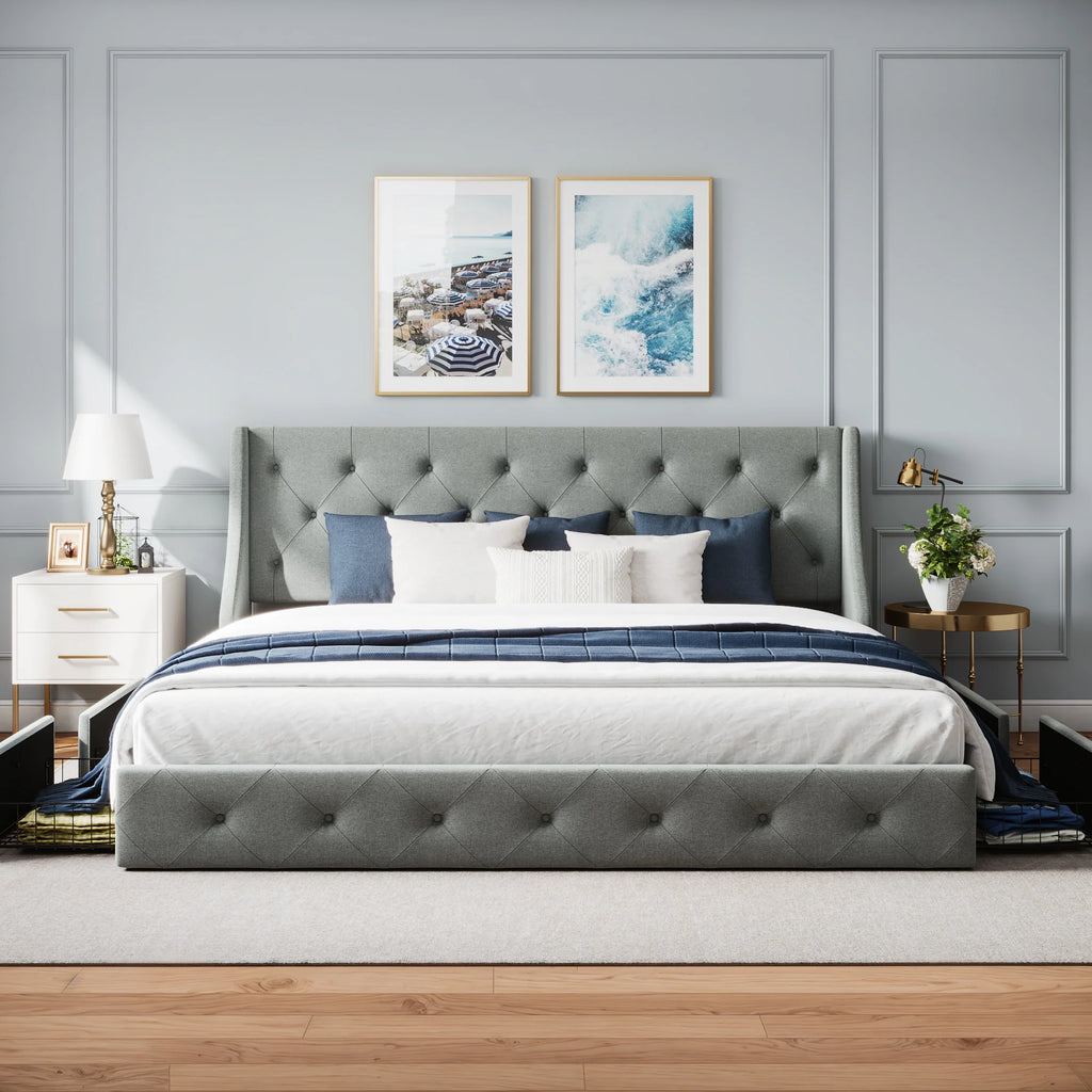 Grey Queen Size Platform Bed Frame with 4 Storage Drawers B20714
