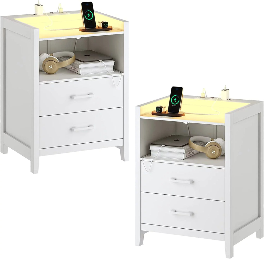 Black 2 Drawer Nightstand with LED Lights and Charging Station L17427