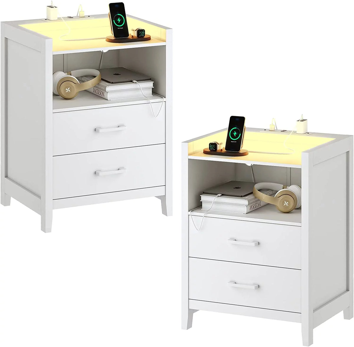 Black 2 Drawer Nightstand with LED Lights and Charging Station L17427