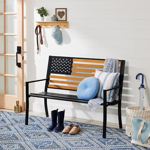 2-Person Steel Indoor/Outdoor Bench with American Flag, 790lb Capacity - Black K476482