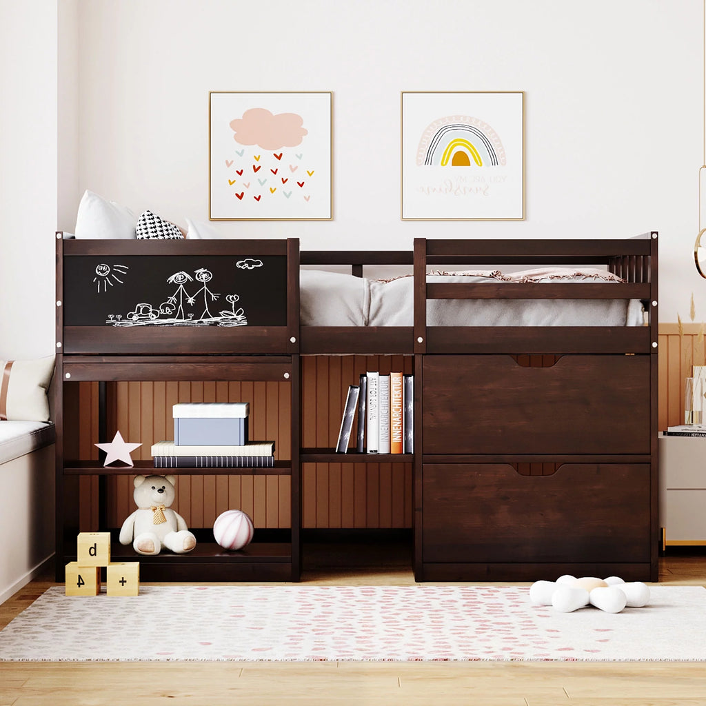 Twin Size Solid Wood Loft Bed with Drawers Shelves and Ladder X48943