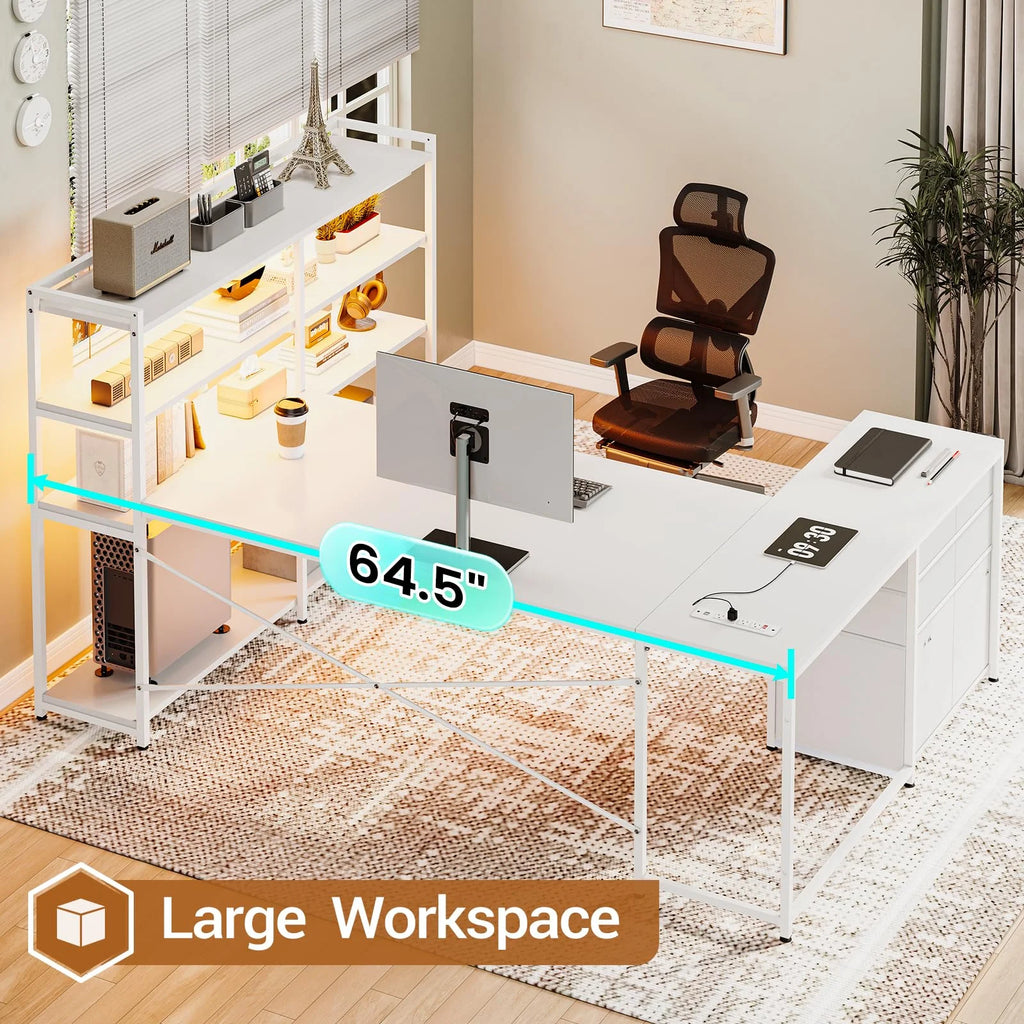 L Shaped Computer Desk with Power Outlet and Storage Shelves Y678