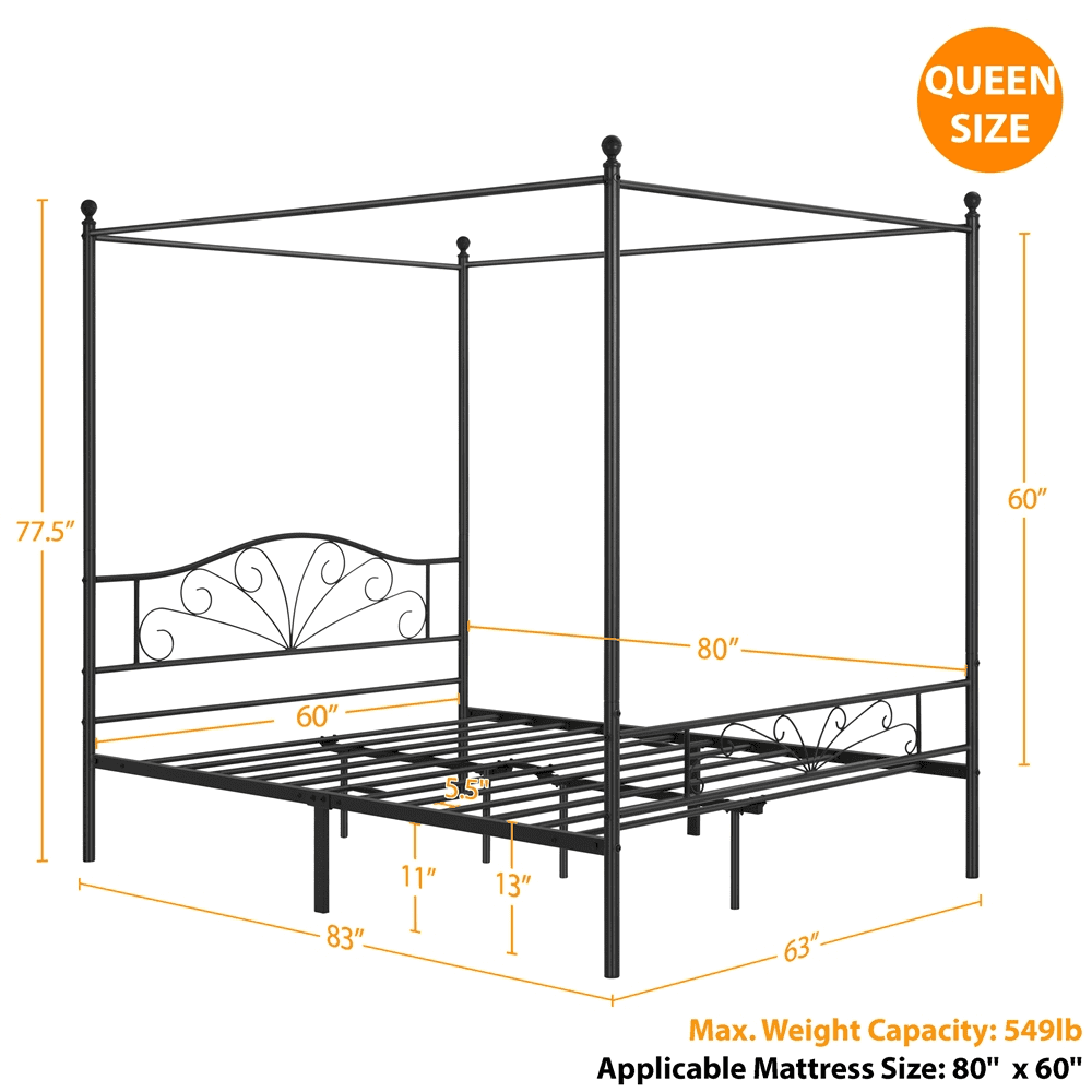 Queen Size Black Metal Canopy Platform Bed G229