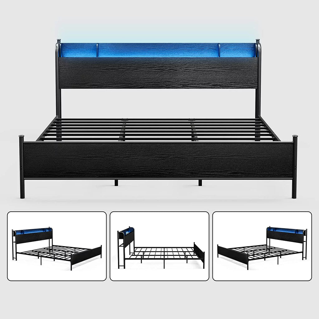 Black Twin XL LED Bed Frame with Storage Headboard and USB Ports G7662