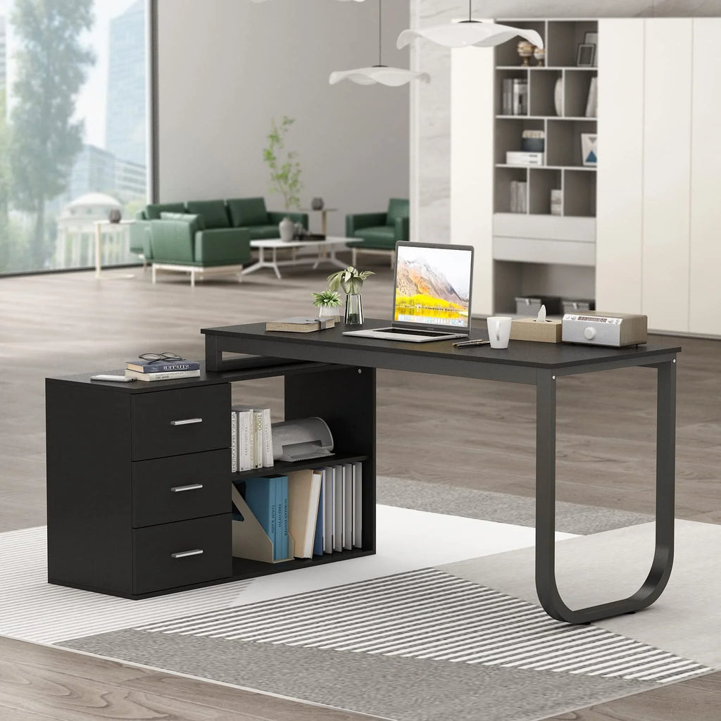 55.1" L-Shaped Office Desk with File Cabinet and 3 Drawers Black X317993