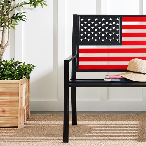 2-Person Steel Indoor/Outdoor Bench with American Flag, 790lb Capacity - Black K476482