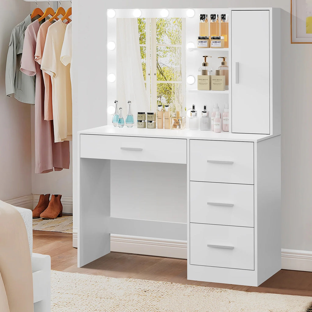 White Makeup Vanity with Lighted Mirror and 4 Drawers U457
