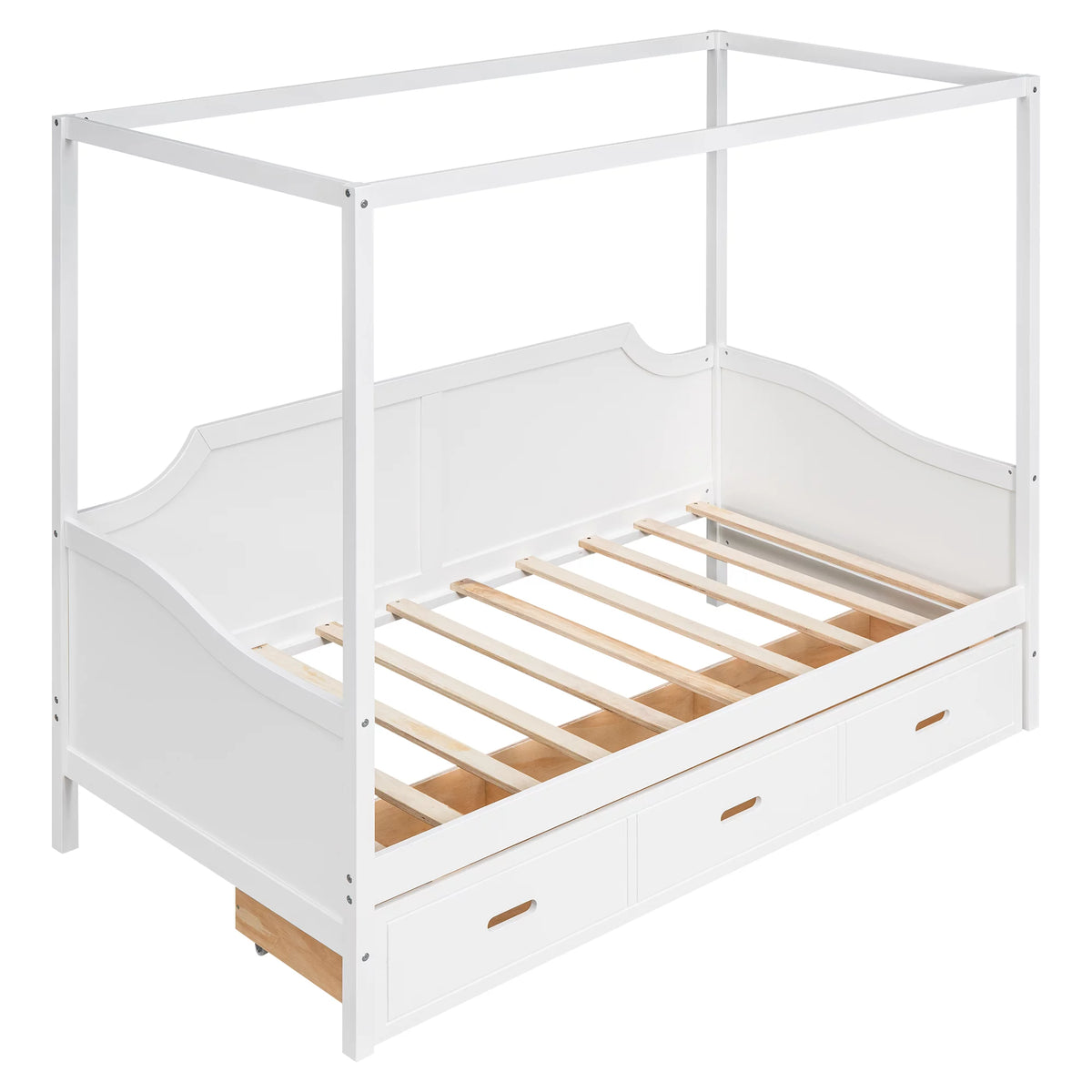 White Twin Size Wooden Canopy Bed with Drawers S61828