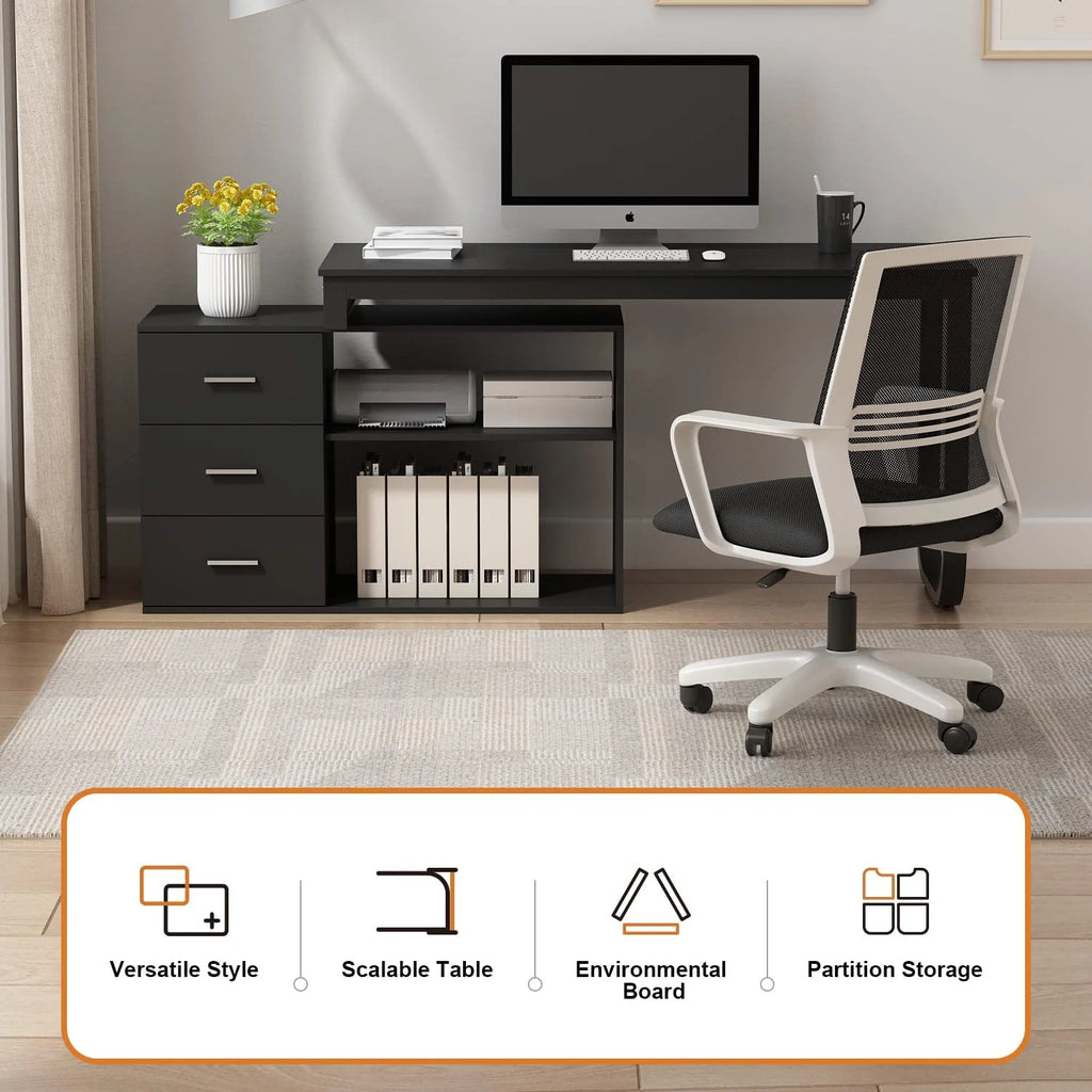 55.1" L-Shaped Office Desk with File Cabinet and 3 Drawers Black X317993