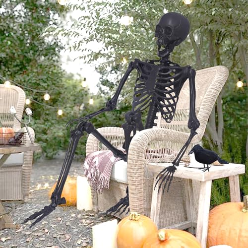 5.4Ft Posable Skeleton with Movable Joints and 2PC Black Feathered Crows U704901