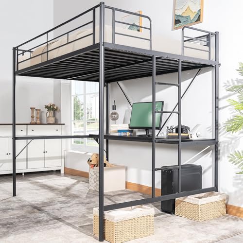 White Twin Loft Bed with Desk and Storage H77654