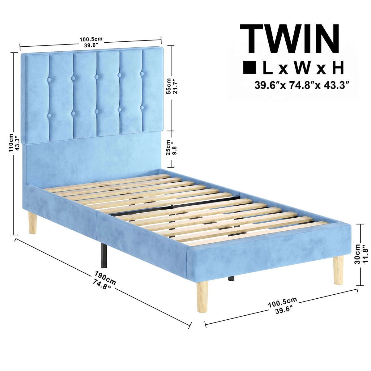 Twin Bed Frame with Upholstered Headboard, Grey T291741