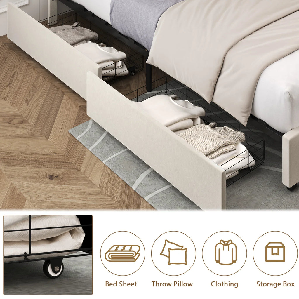 Queen Size Off-White Upholstered Storage Bed with 4 Drawers I78619
