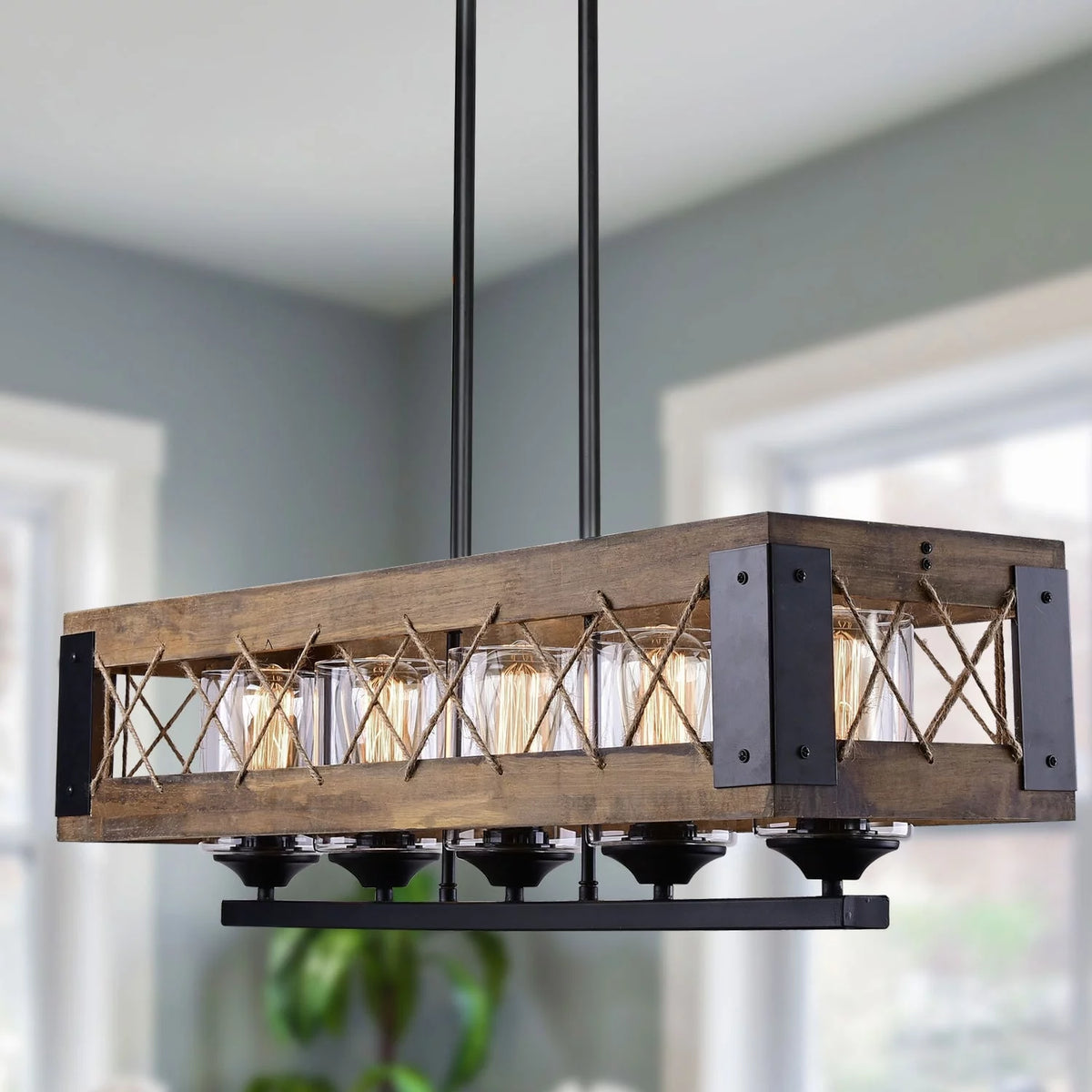 Farmhouse 5-Light Wood Linear Chandelier C558902